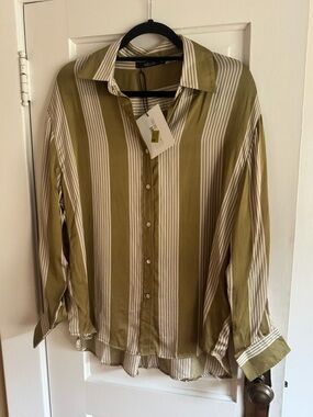 Deluc Olive Green and White Vertical Stripe Button-Down